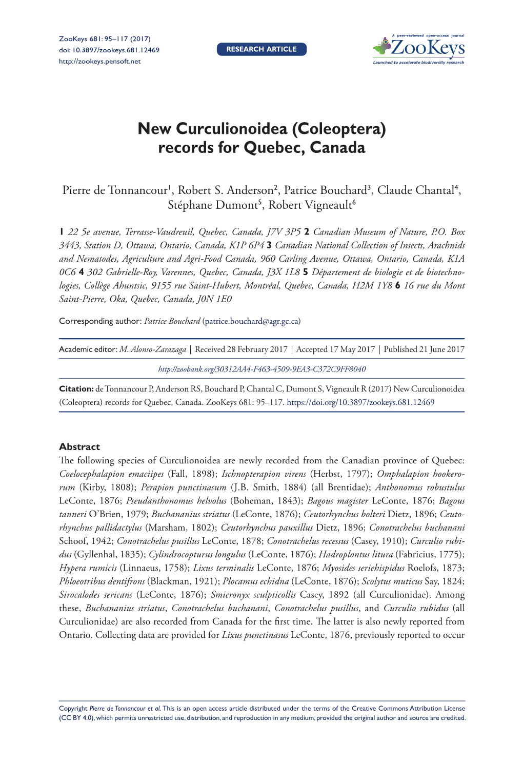 (Coleoptera) Records for Quebec, Canada 95 Doi: 10.3897/Zookeys.681.12469 RESEARCH ARTICLE Launched to Accelerate Biodiversity Research