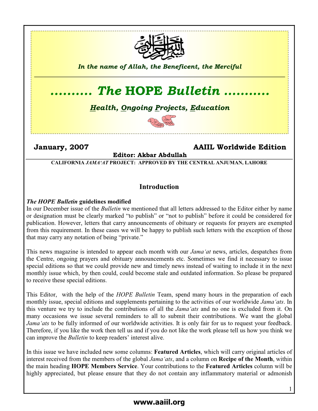 The HOPE Bulletin: January 2007 Bulletin —