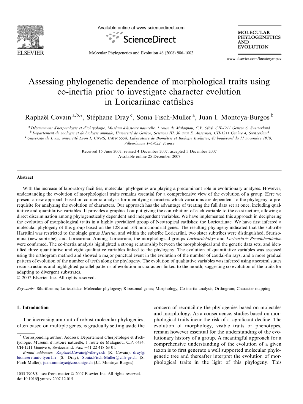 Assessing Phylogenetic Dependence of Morphological Traits Using Co-Inertia Prior to Investigate Character Evolution in Loricariinae Catﬁshes