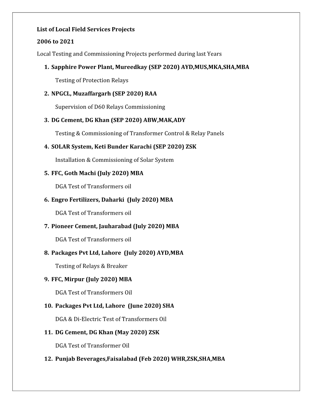 List of Local Field Services Projects 2006 to 2021 Local Testing and Commissioning Projects Performed During Last Years