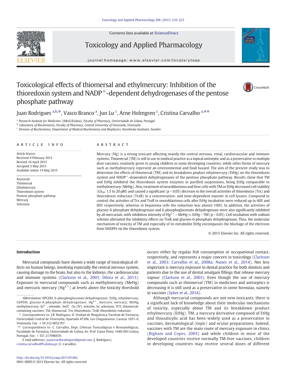 Toxicological Effects of Thiomersal and Ethylmercury: Inhibition of the Thioredoxin System and NADP+-Dependent Dehydrogenases of the Pentose Phosphate Pathway