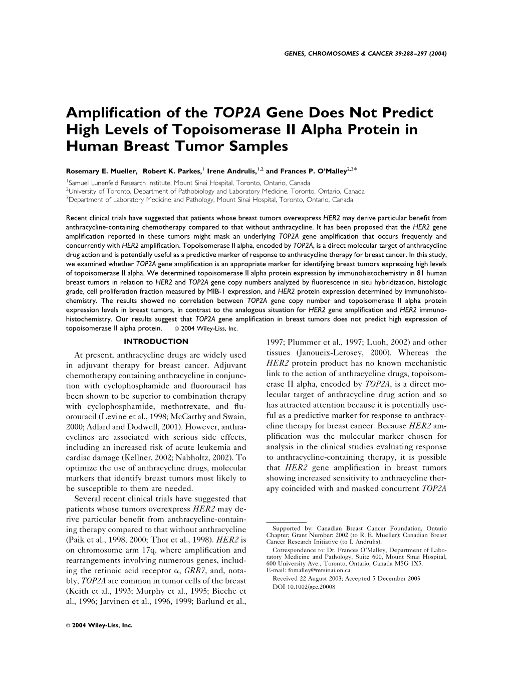 Amplification of the TOP2A Gene Does Not Predict High Levels Of