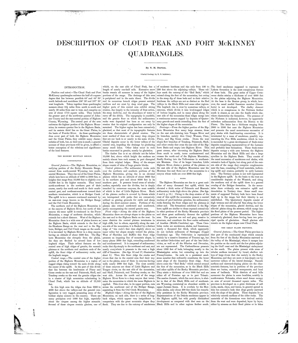 DESCRIPTION of CLOUD PEAK and FORT Mckinney QUADRANGLES