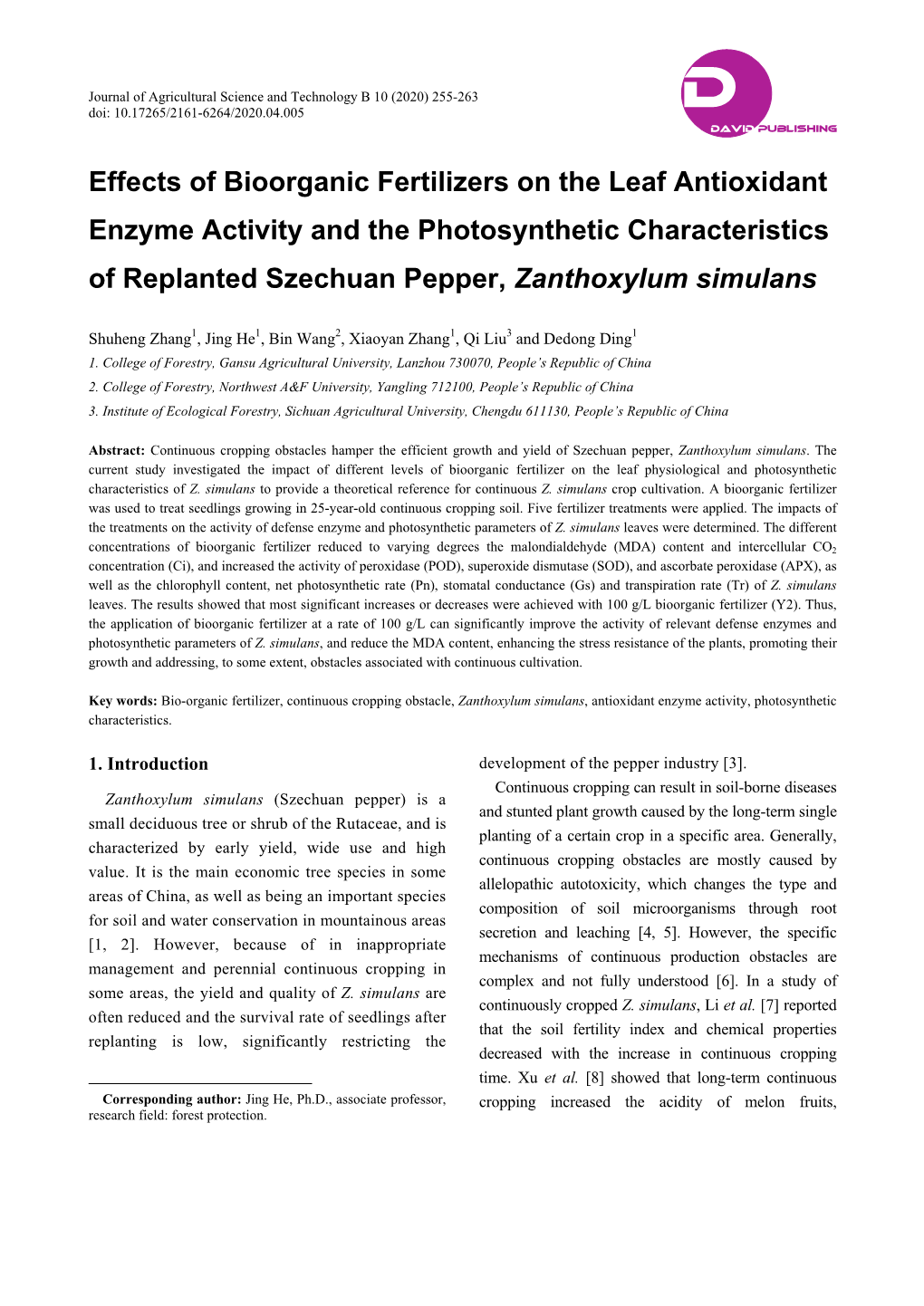 Effects of Bioorganic Fertilizers on the Leaf Antioxidant Enzyme Activity and the Photosynthetic Characteristics of Replanted Szechuan Pepper, Zanthoxylum Simulans