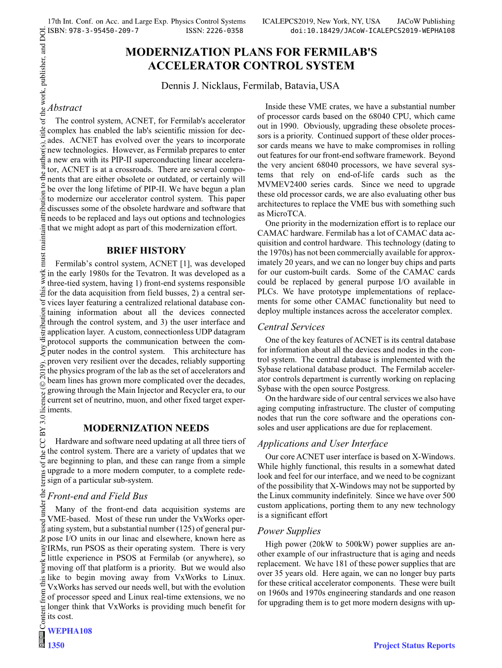 MODERNIZATION PLANS for FERMILAB's ACCELERATOR CONTROL SYSTEM Dennis J