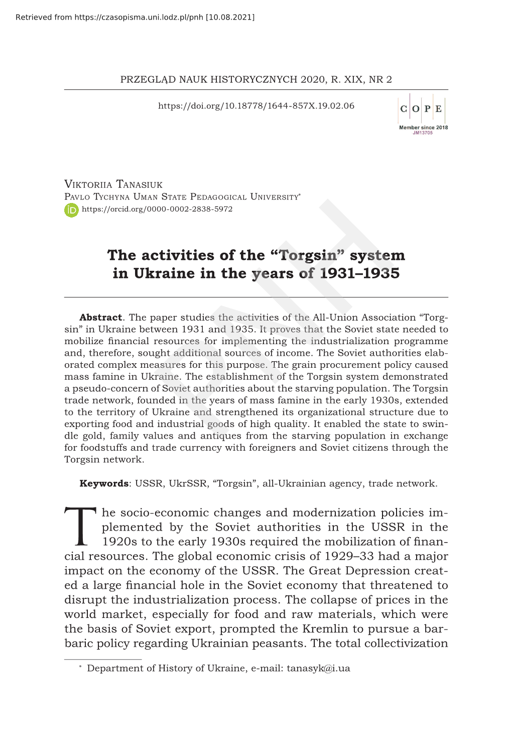 The Activities of the “Torgsin” System in Ukraine in the Years of 1931–1935