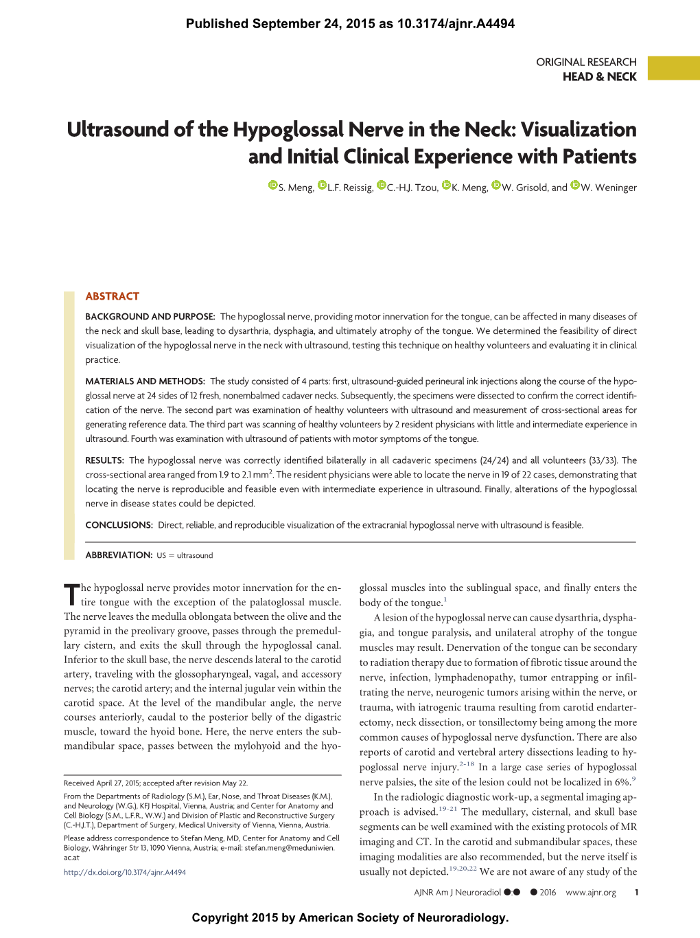 Ultrasound of the Hypoglossal Nerve in the Neck: Visualization and Initial Clinical Experience with Patients