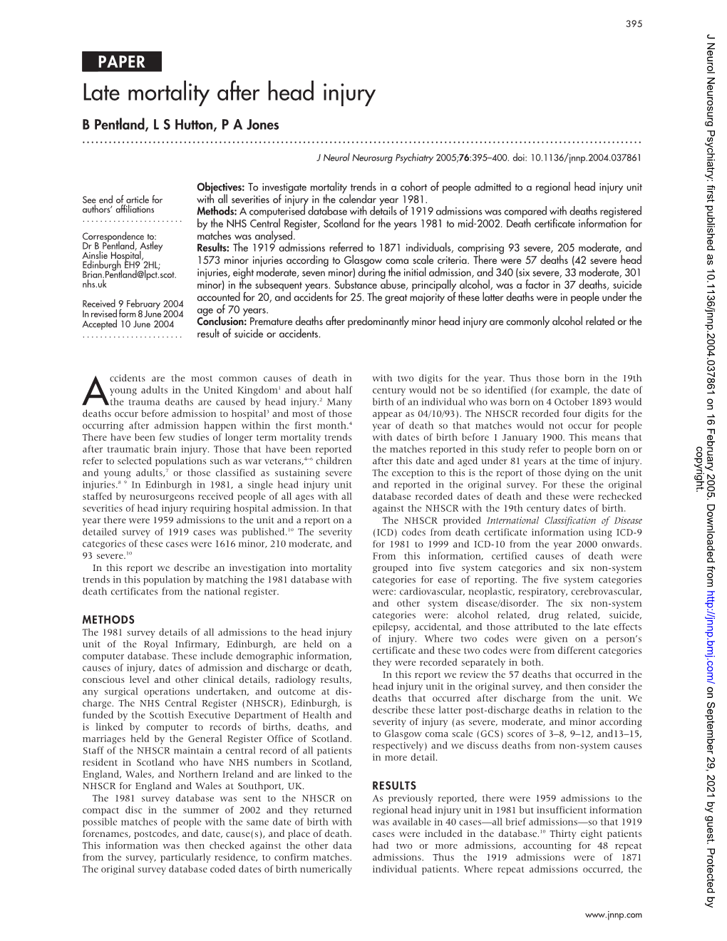 Late Mortality After Head Injury B Pentland, L S Hutton, P a Jones