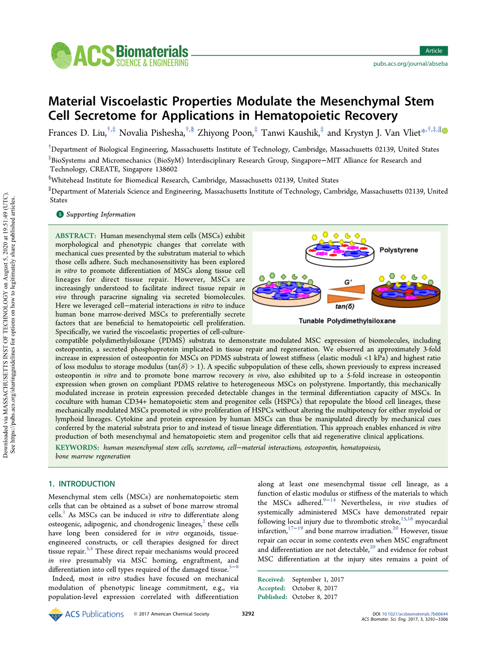 Material Viscoelastic Properties Modulate the Mesenchymal Stem Cell Secretome for Applications in Hematopoietic Recovery † ‡ † § ‡ ‡ † ‡ ∥ Frances D