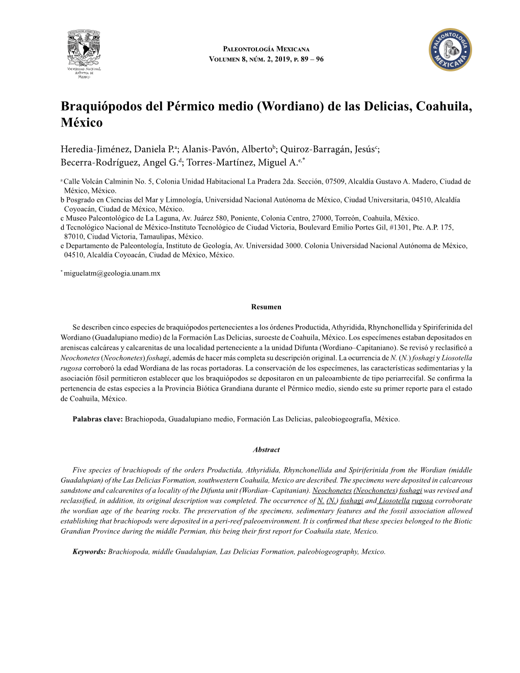 Braquiópodos Del Pérmico Medio (Wordiano) De Las Delicias, Coahuila, México 89 Paleontología Mexicana Volumen 8, Núm