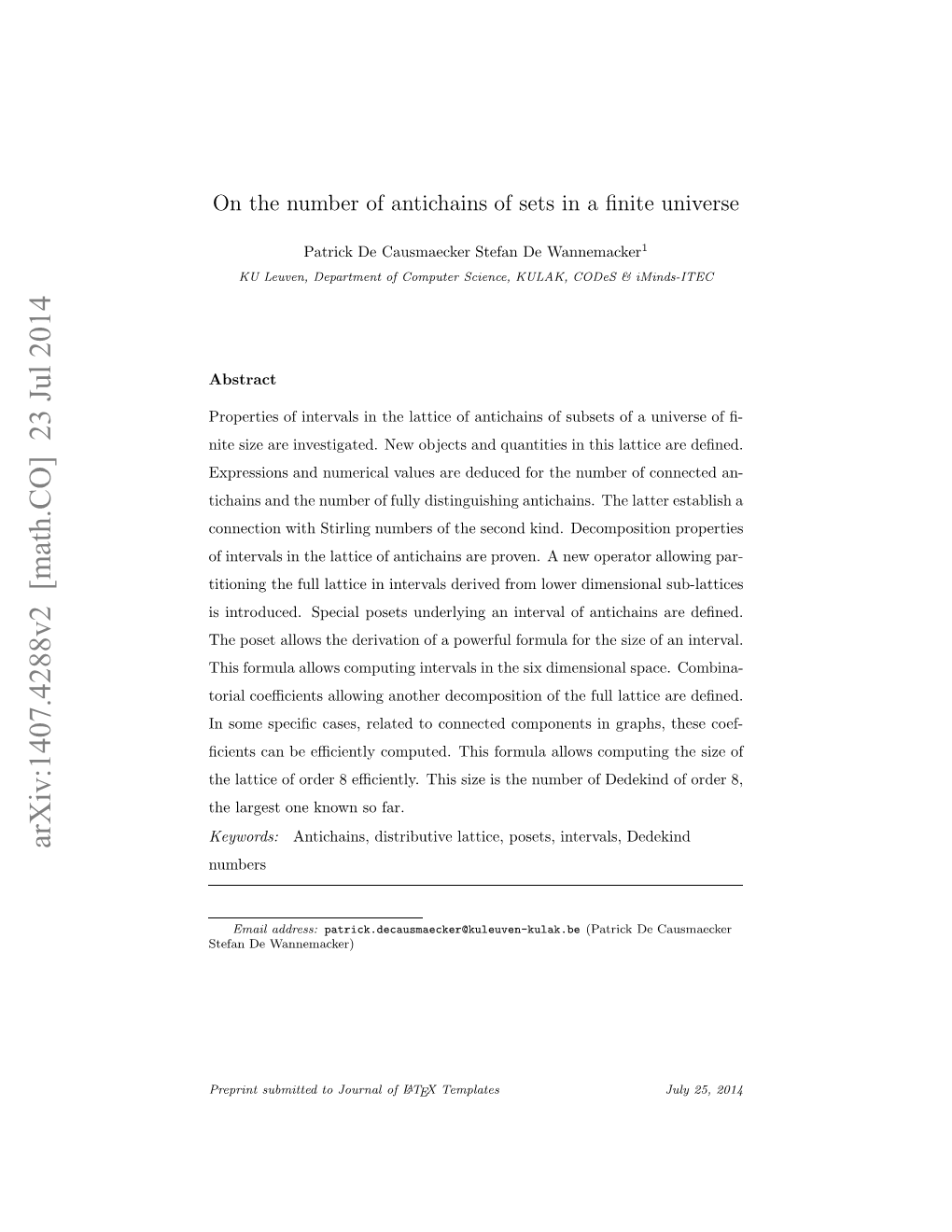 On the Number of Antichains of Sets in a Finite Universe