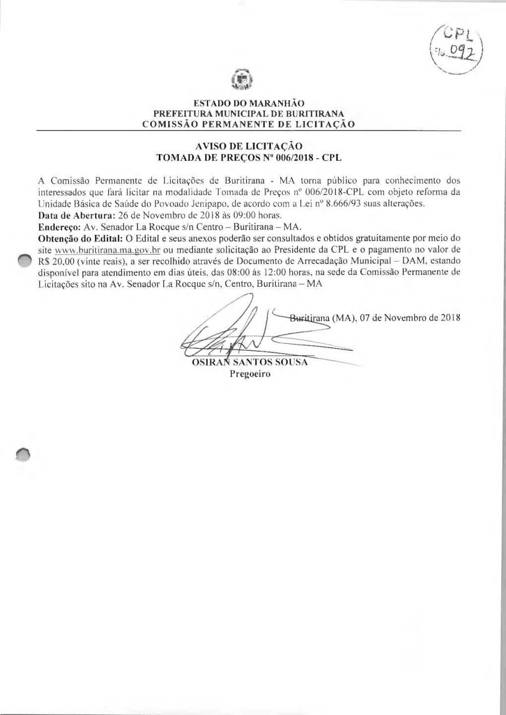 ~=~~N a Comissão Permanente De Licitações De Buritirana