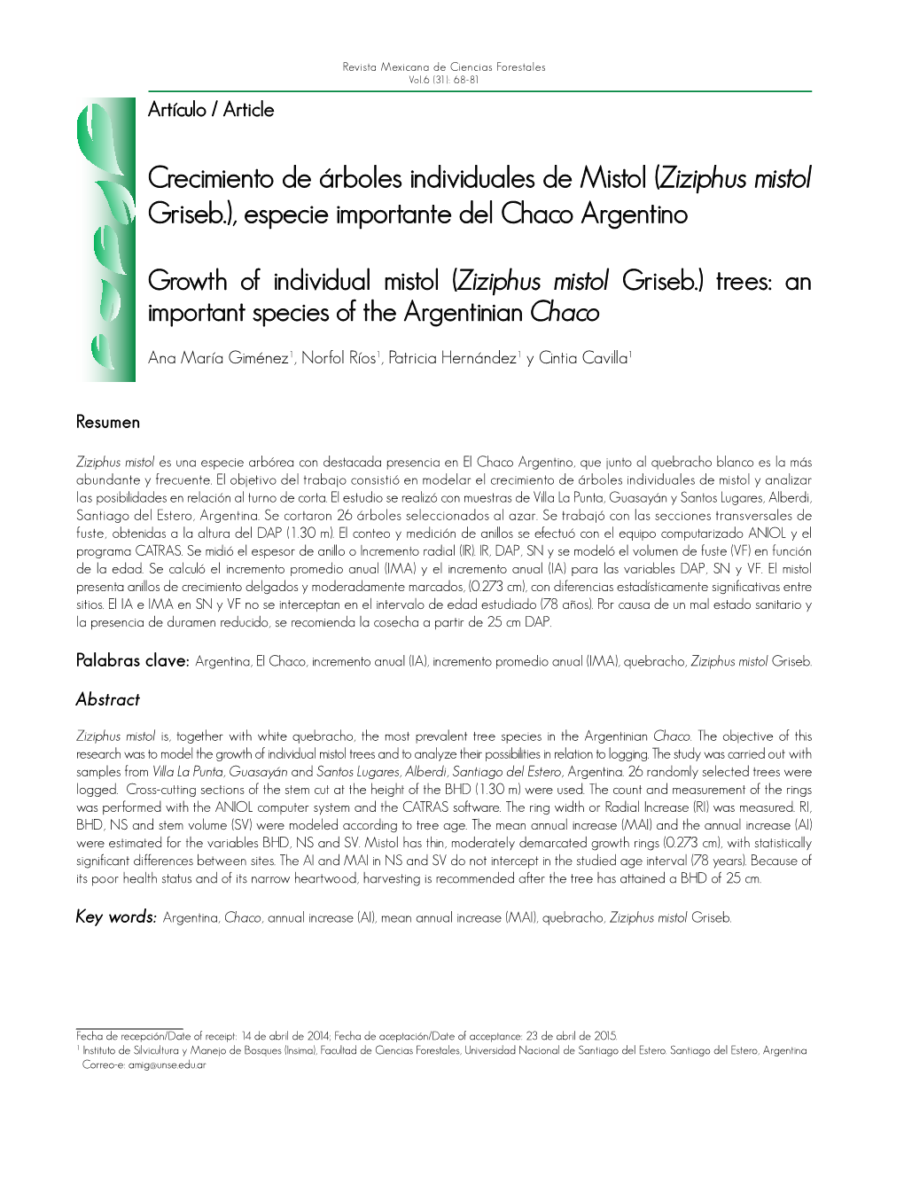 (Ziziphus Mistol Griseb.), Especie Importante Del Chaco Argentino