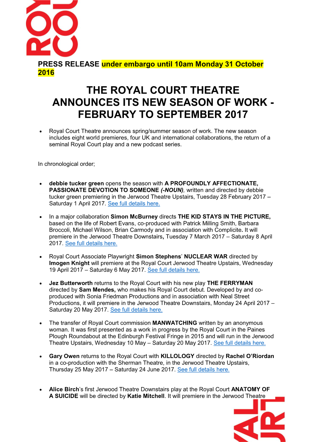 The Royal Court Theatre Announces Its New Season of Work - February to September 2017