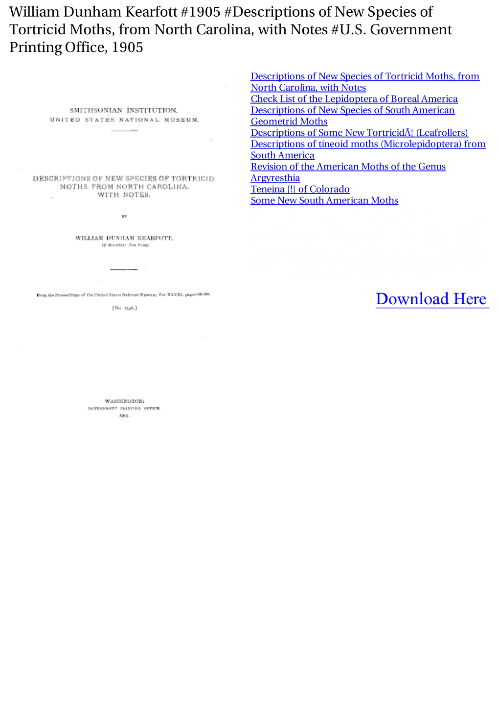 William Dunham Kearfott #1905 #Descriptions of New Species of Tortricid Moths, from North Carolina, with Notes #U.S