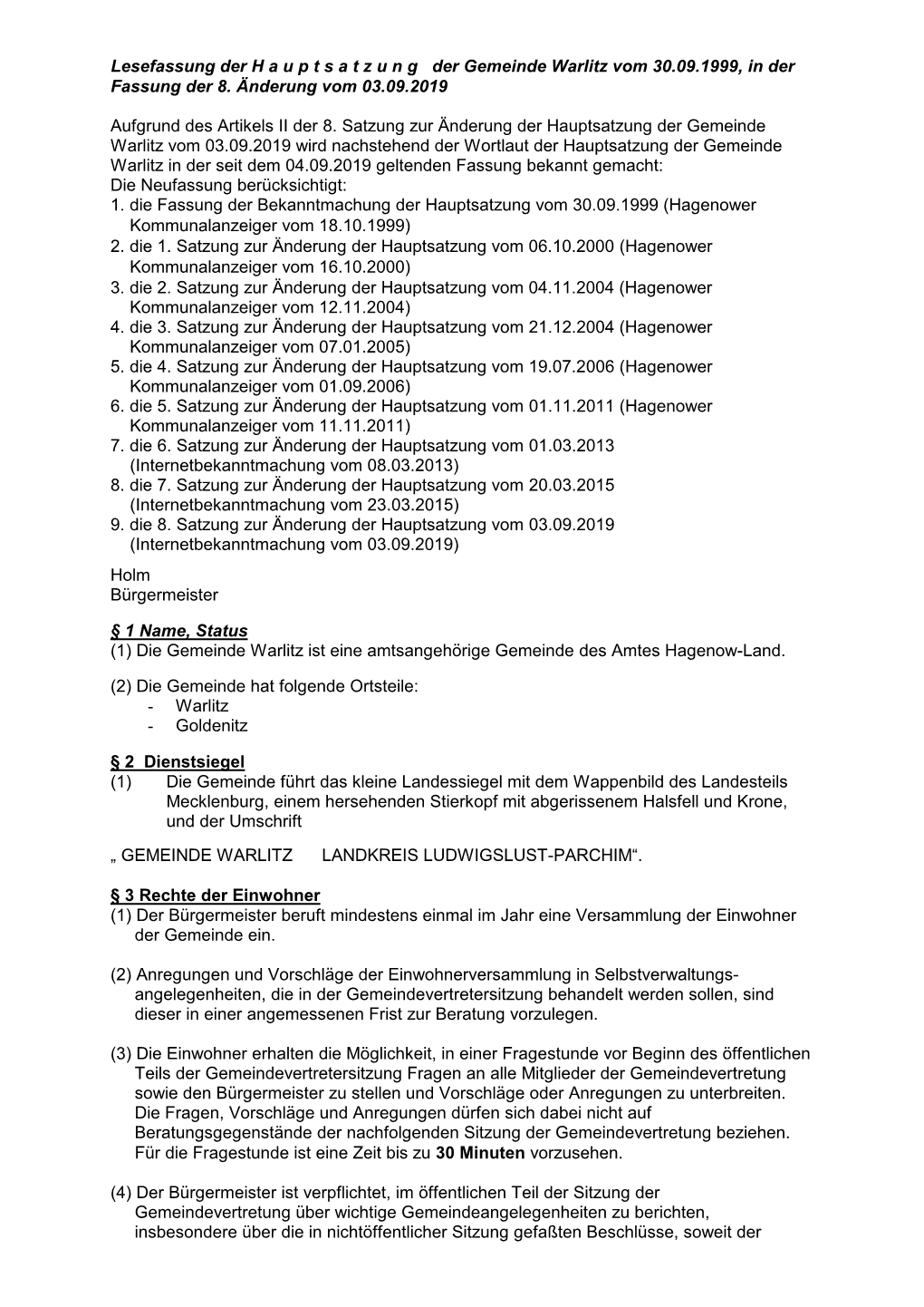 Lesefassung Der Hauptsatzung Der Gemeinde Warlitz Einschl. 8