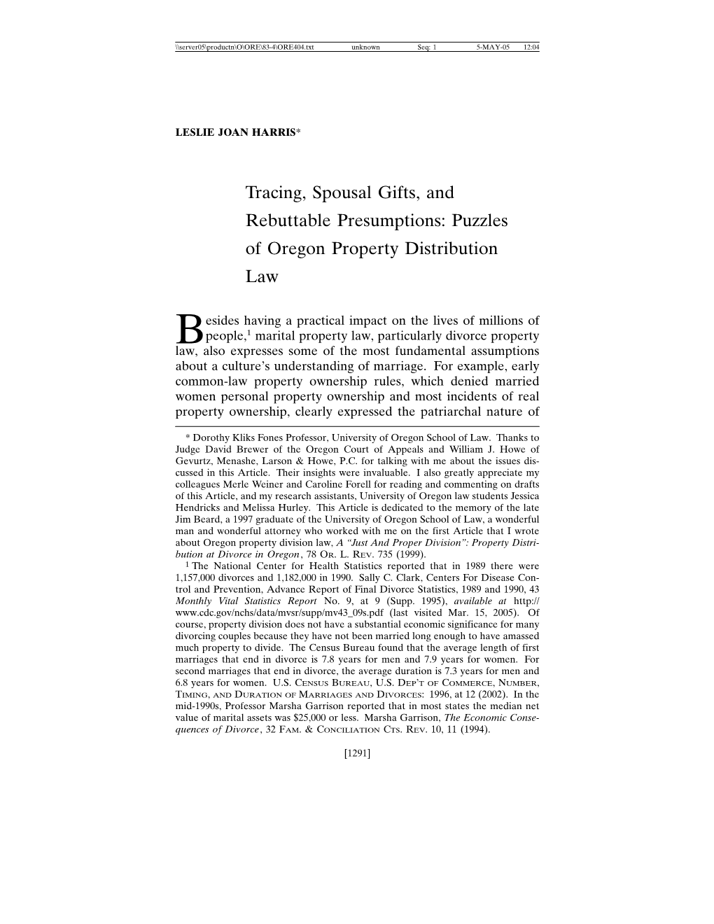 Tracing, Spousal Gifts, and Rebuttable Presumptions: Puzzles of Oregon Property Distribution Law