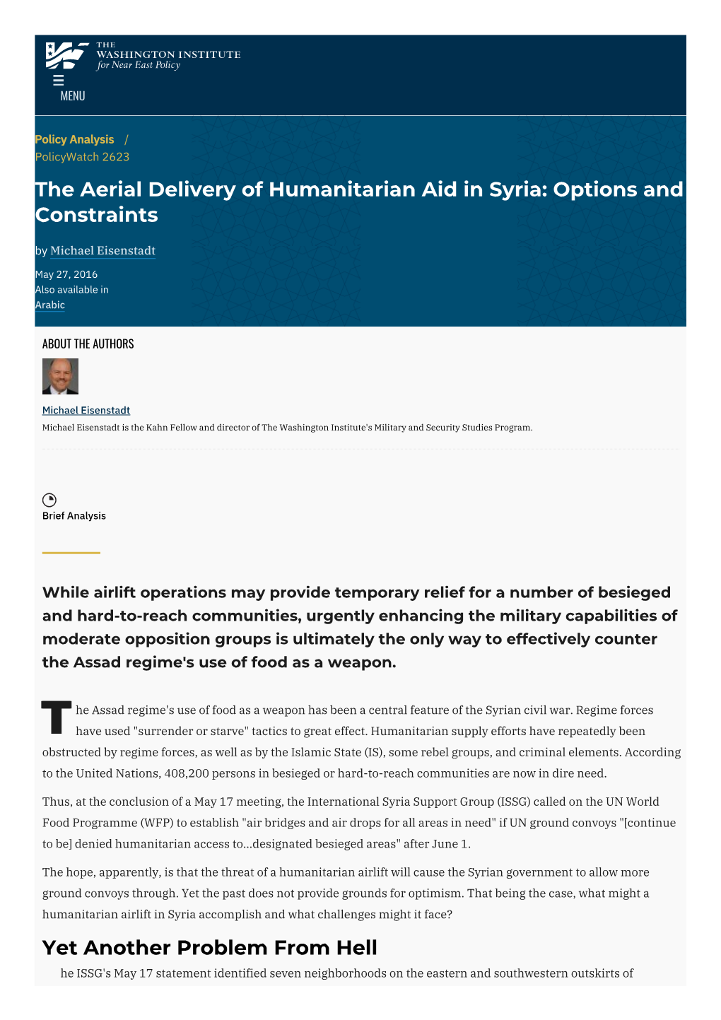 The Aerial Delivery of Humanitarian Aid in Syria: Options and Constraints by Michael Eisenstadt