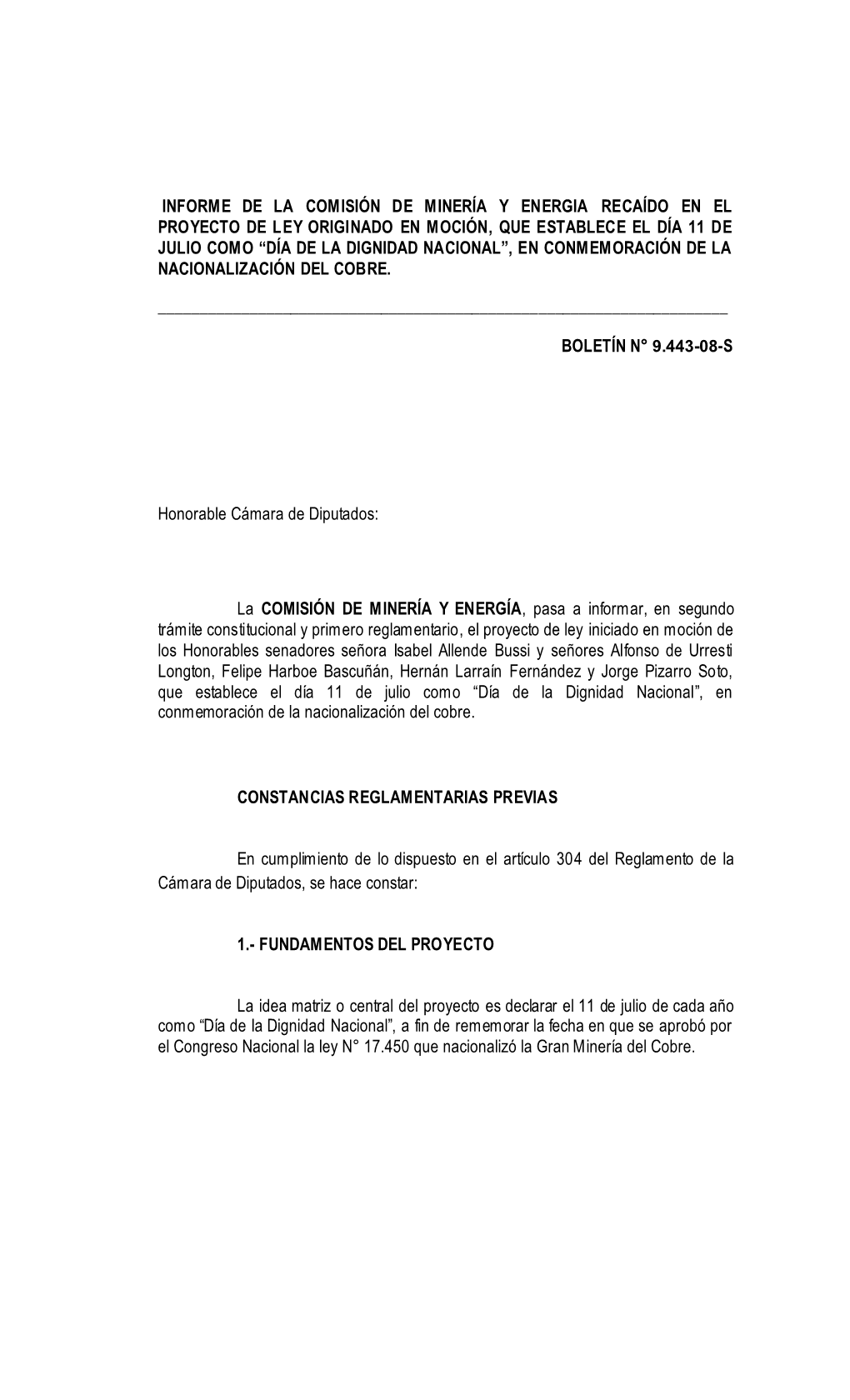 Informe De La Comisión De Minería Y Energia Recaído