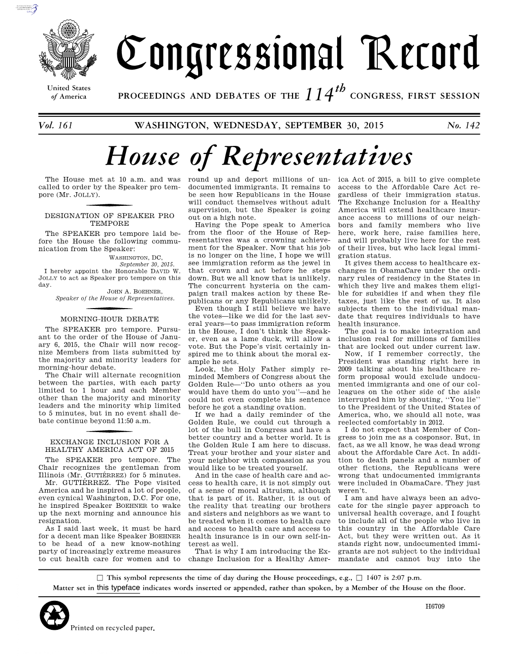 Congressional Record United States Th of America PROCEEDINGS and DEBATES of the 114 CONGRESS, FIRST SESSION