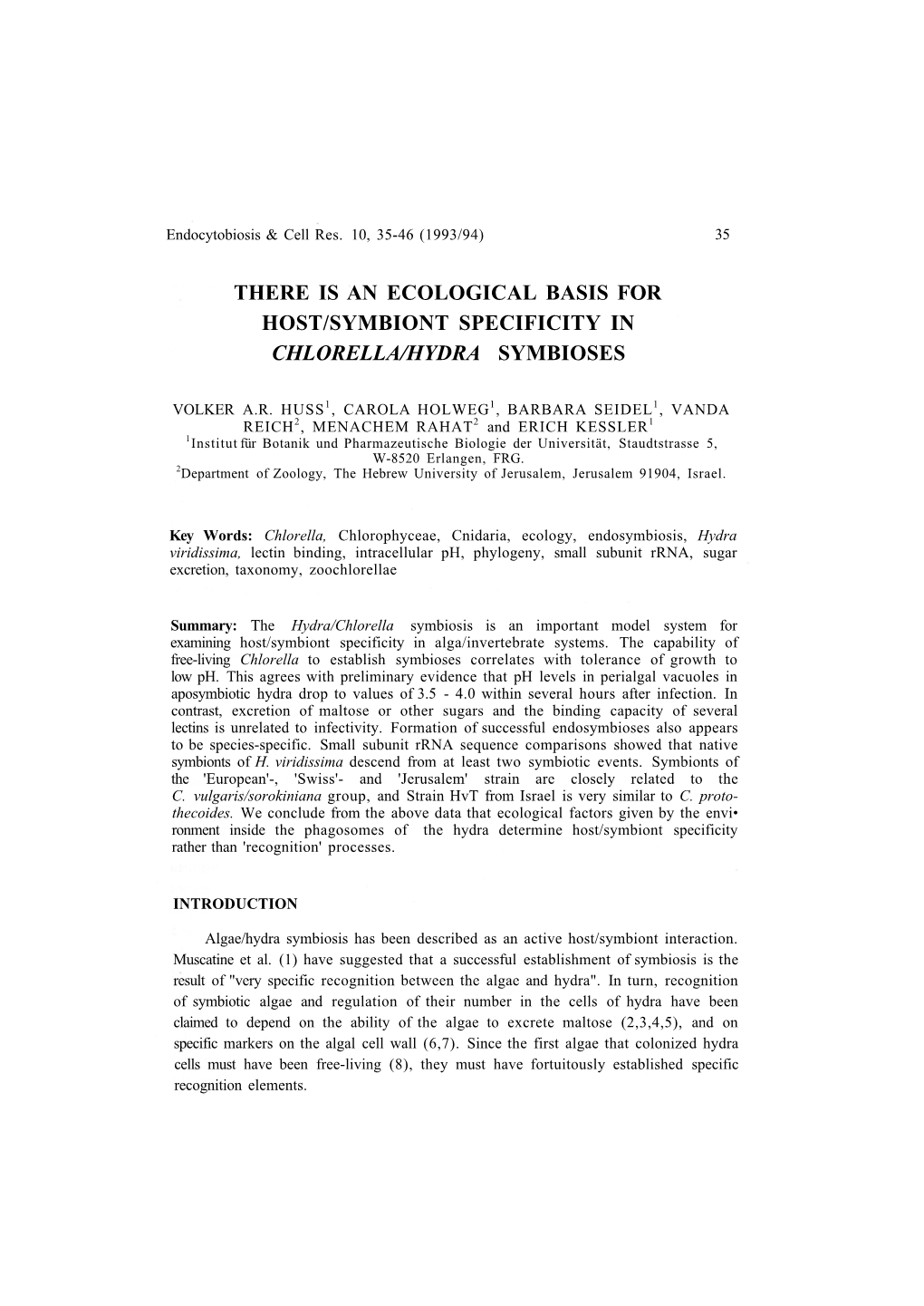 There Is an Ecological Basis for Host/Symbiont Specificity in Chlorella/Hydra Symbioses