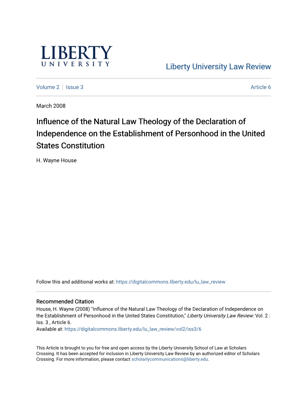 Influence of the Natural Law Theology of the Declaration of Independence on the Establishment of Personhood in the United States Constitution