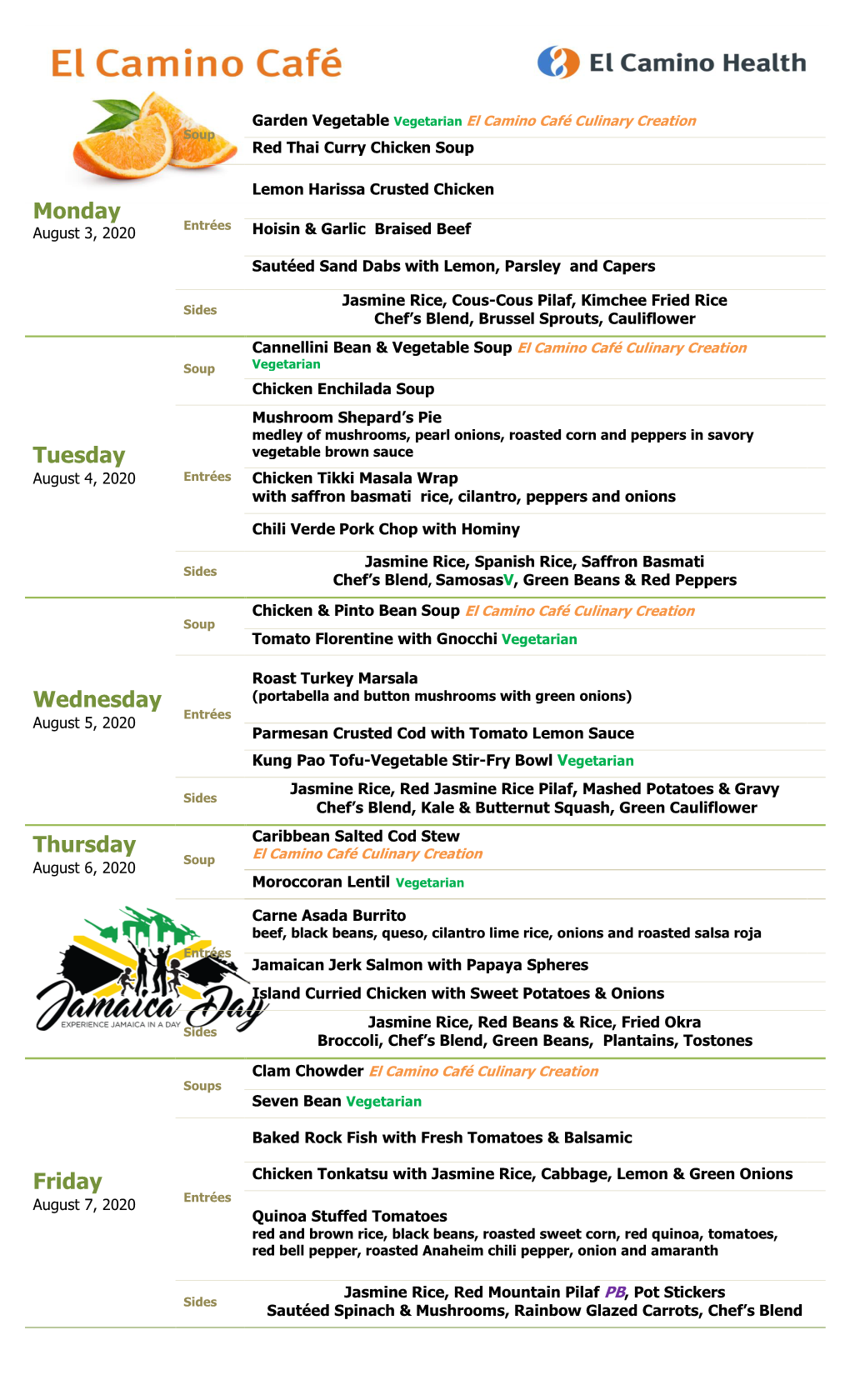 El Camino Cafe Menu Week of August 3, 2020