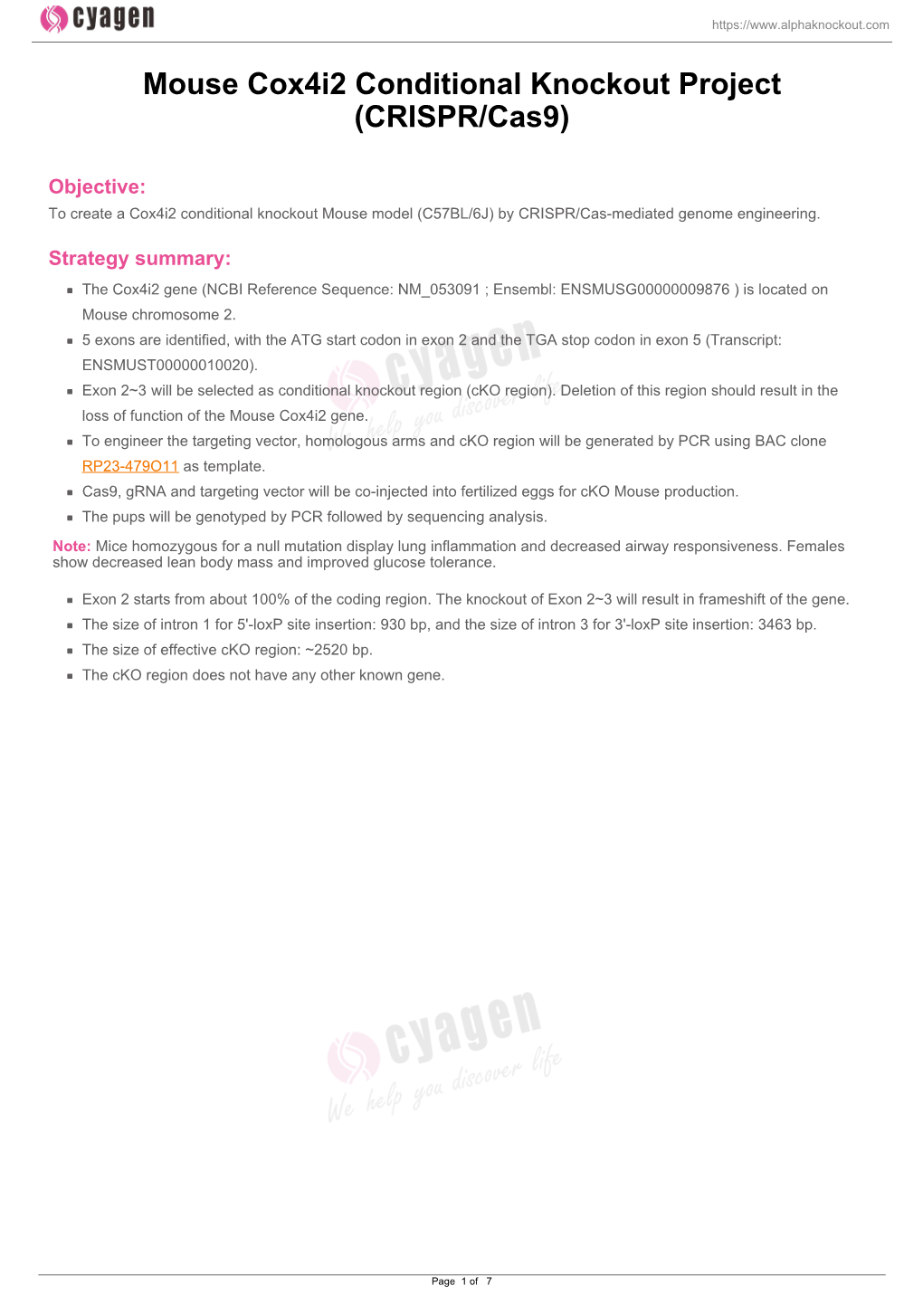 Mouse Cox4i2 Conditional Knockout Project (CRISPR/Cas9)