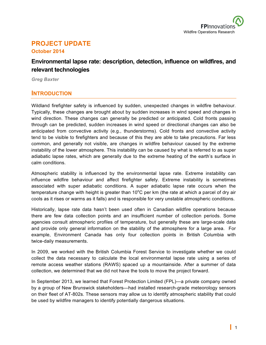 Environmental Lapse Rate: Description, Detection, Influence on Wildfires, and Relevant Technologies Greg Baxter