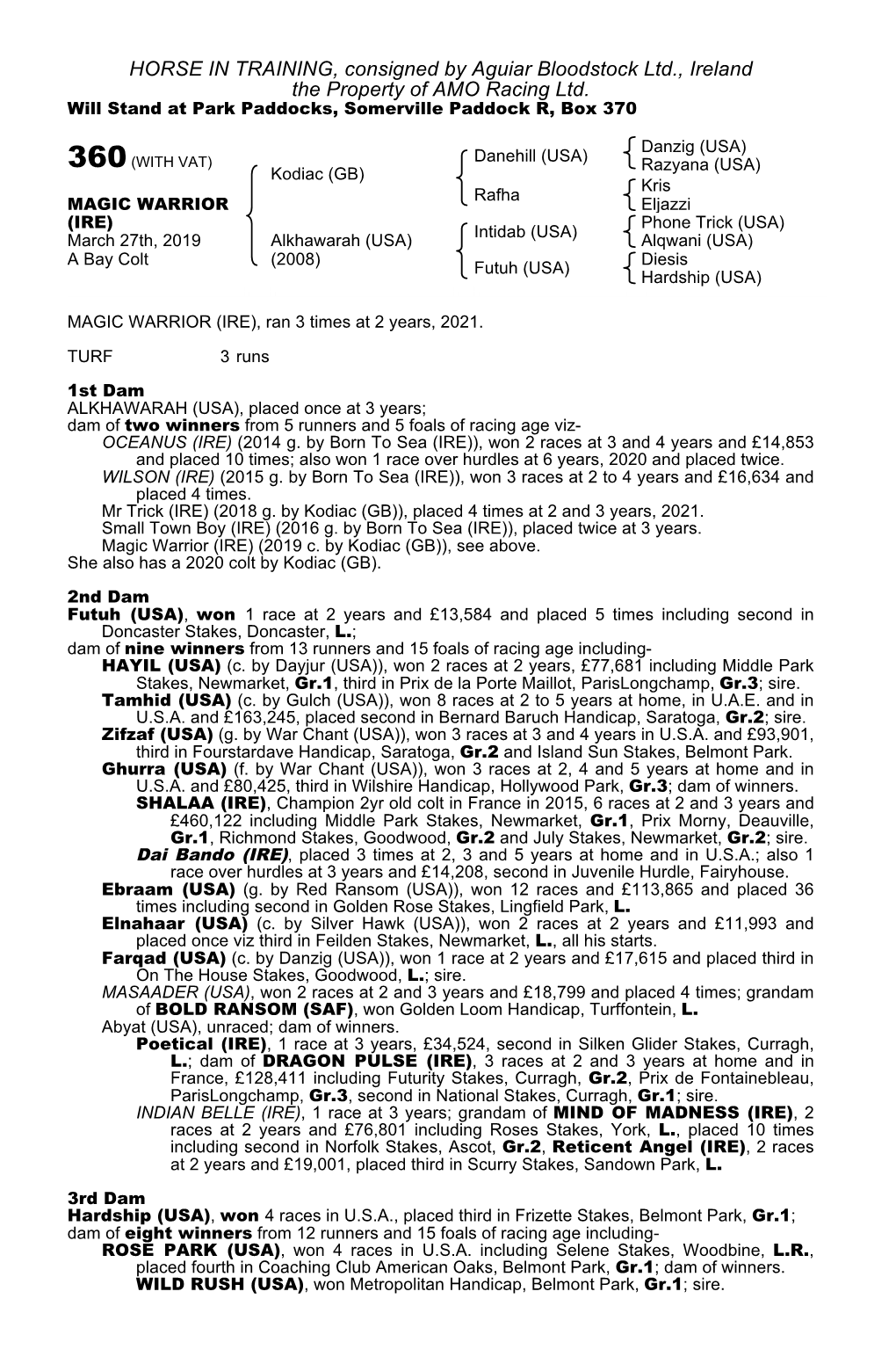 HORSE in TRAINING, Consigned by Aguiar Bloodstock Ltd., Ireland the Property of AMO Racing Ltd