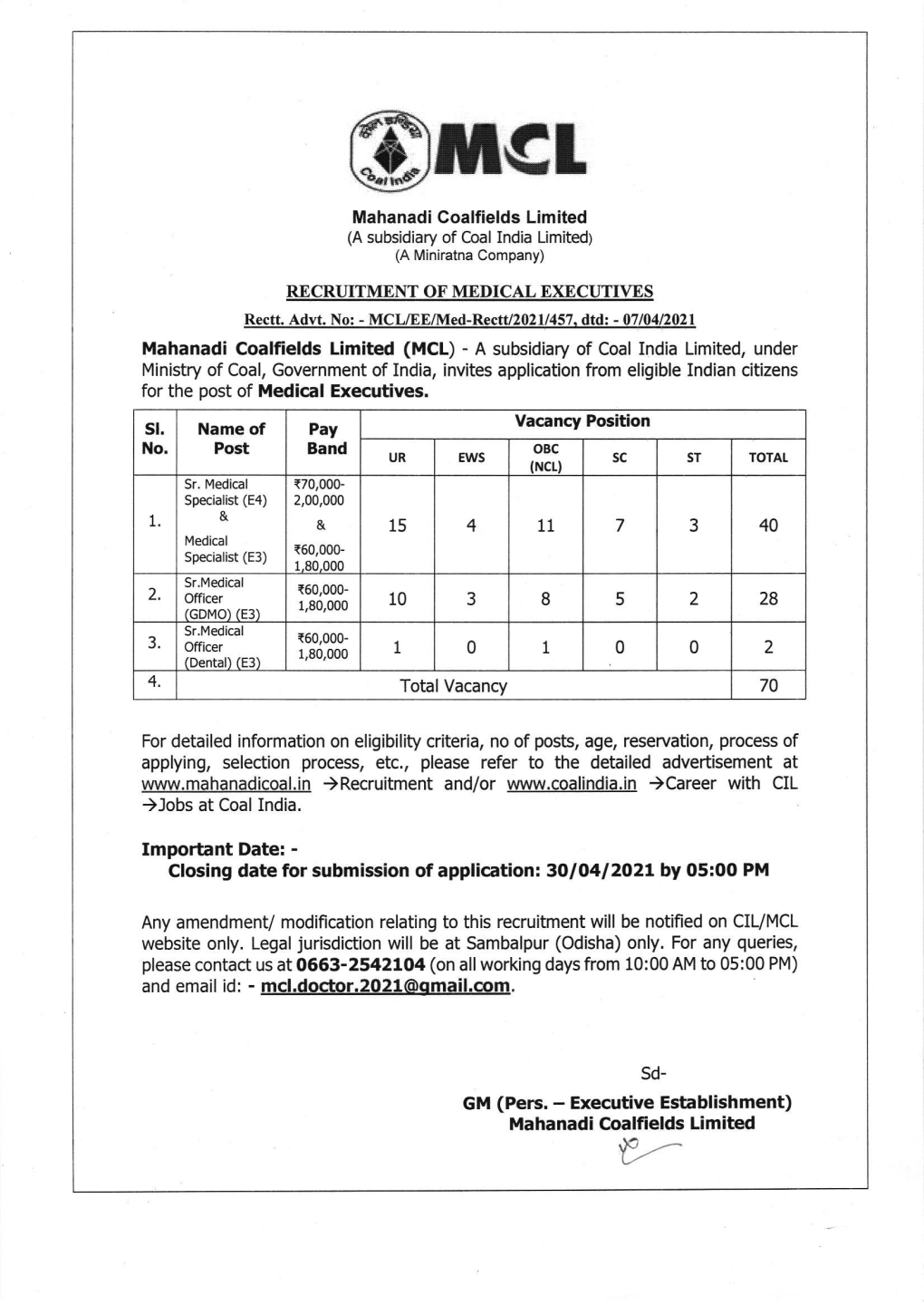 Mahanadi Coalfields Limited (A Subsidiary of Cral India Limited) (A Miniratna Company)