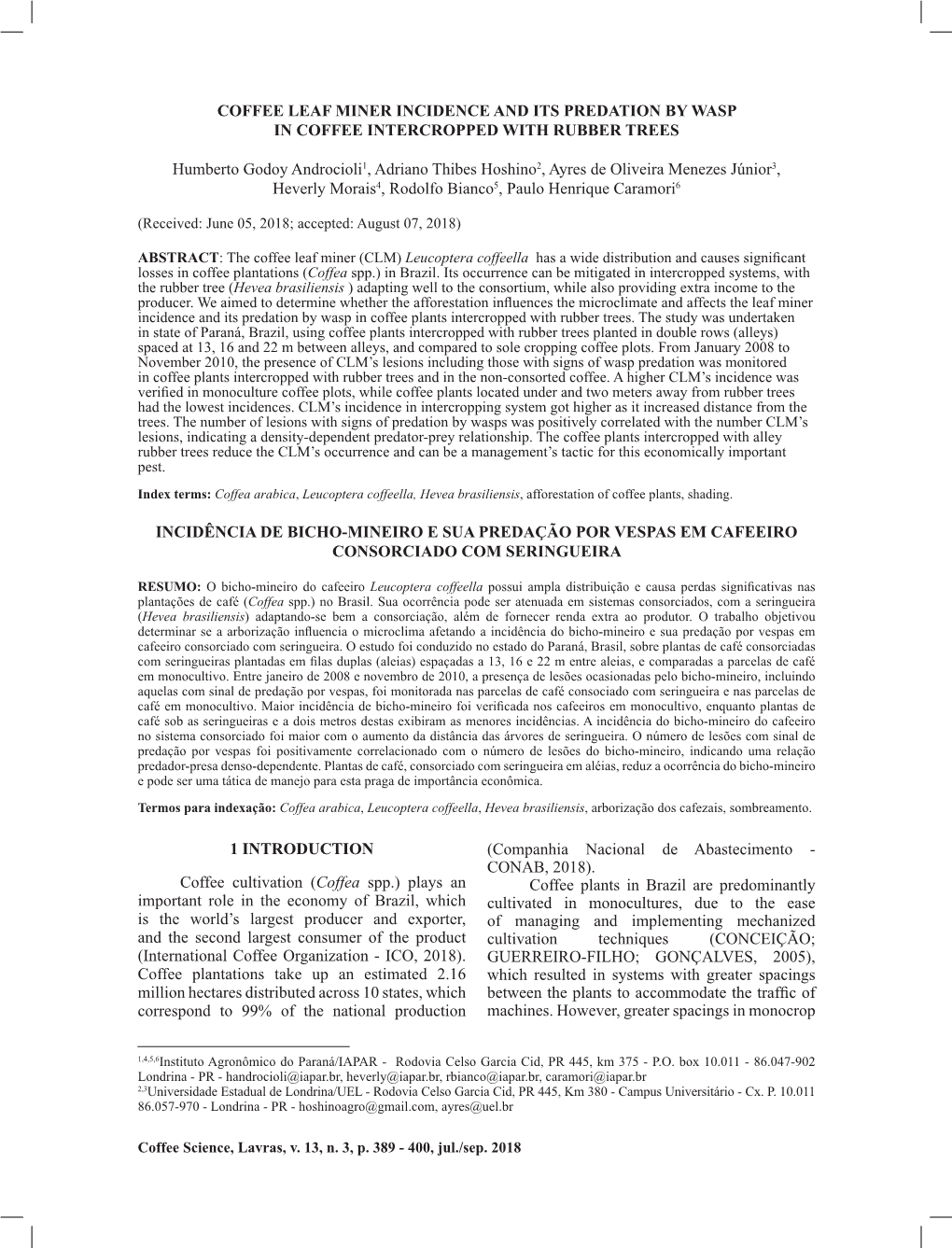 Coffee Leaf Miner Incidence and Its Predation by Wasp In