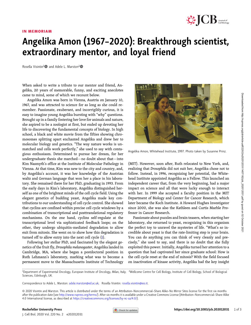 Angelika Amon (1967–2020): Breakthrough Scientist, Extraordinary Mentor, and Loyal Friend