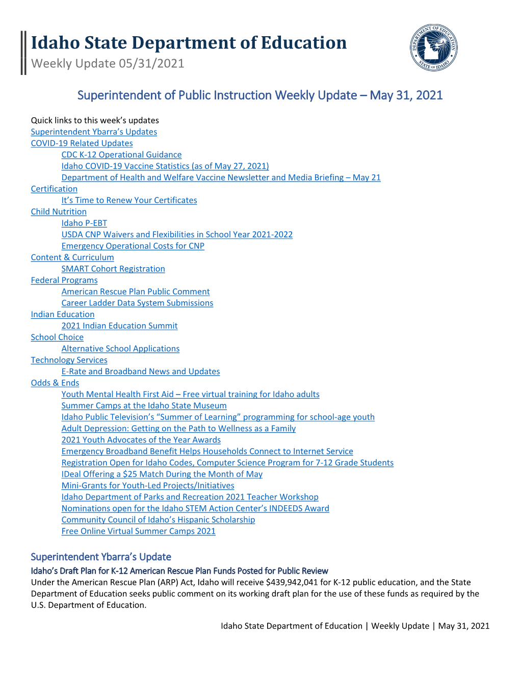 Superintendent of Public Instruction Weekly Update – May 31, 2021