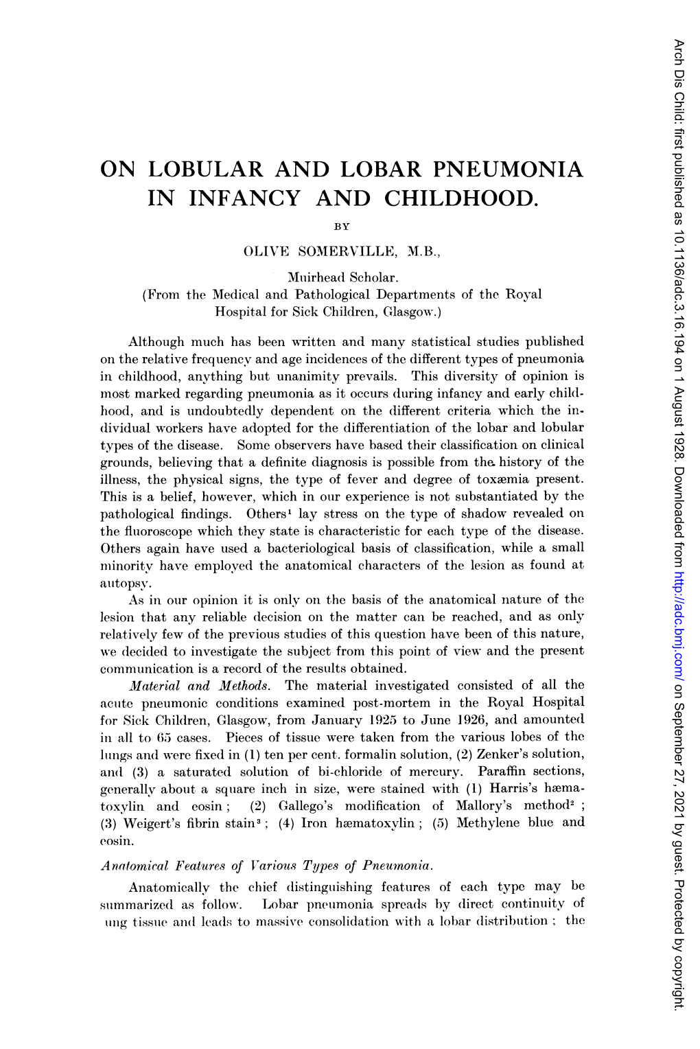 On Lobular and Lobar Pneumonia in Infancy and Childhood