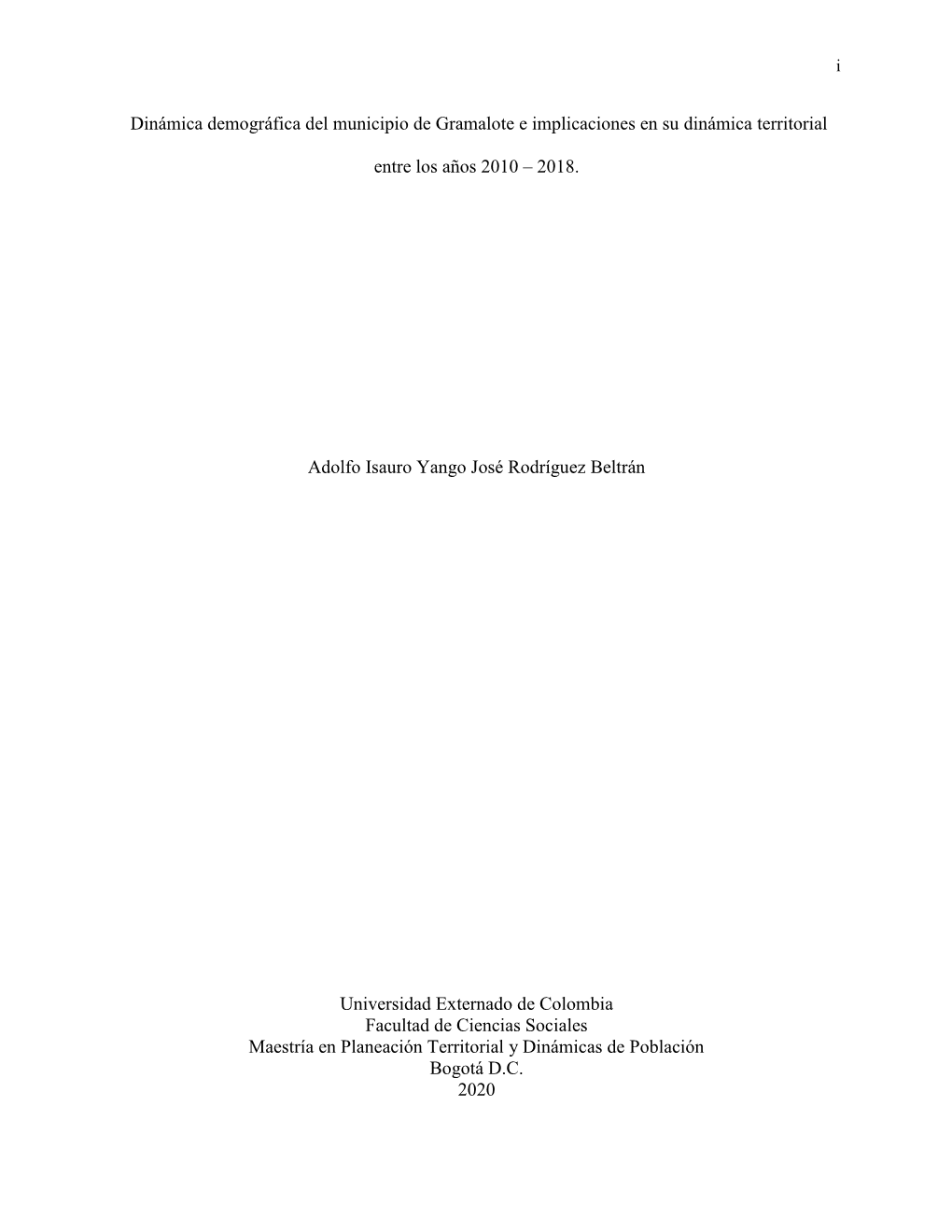 Dinámica Demográfica Del Municipio De Gramalote E Implicaciones En Su Dinámica Territorial