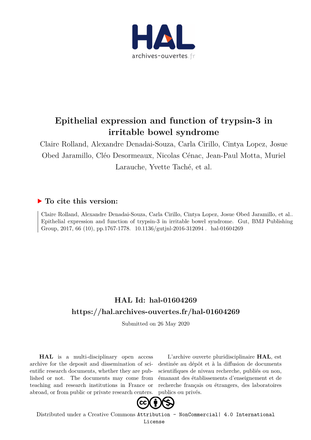 Epithelial Expression and Function of Trypsin-3 In