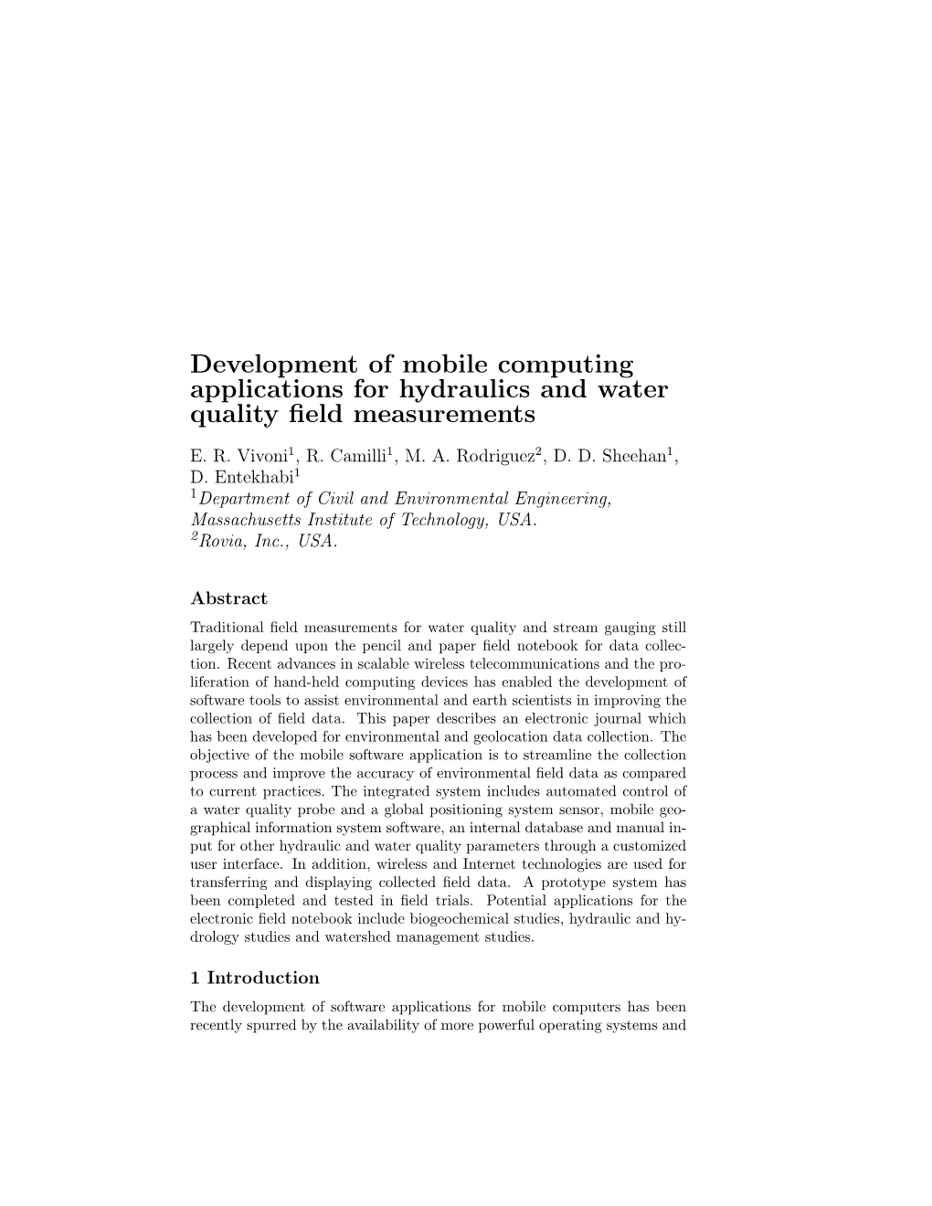 Development of Mobile Computing Applications for Hydraulics and Water Quality ﬁeld Measurements
