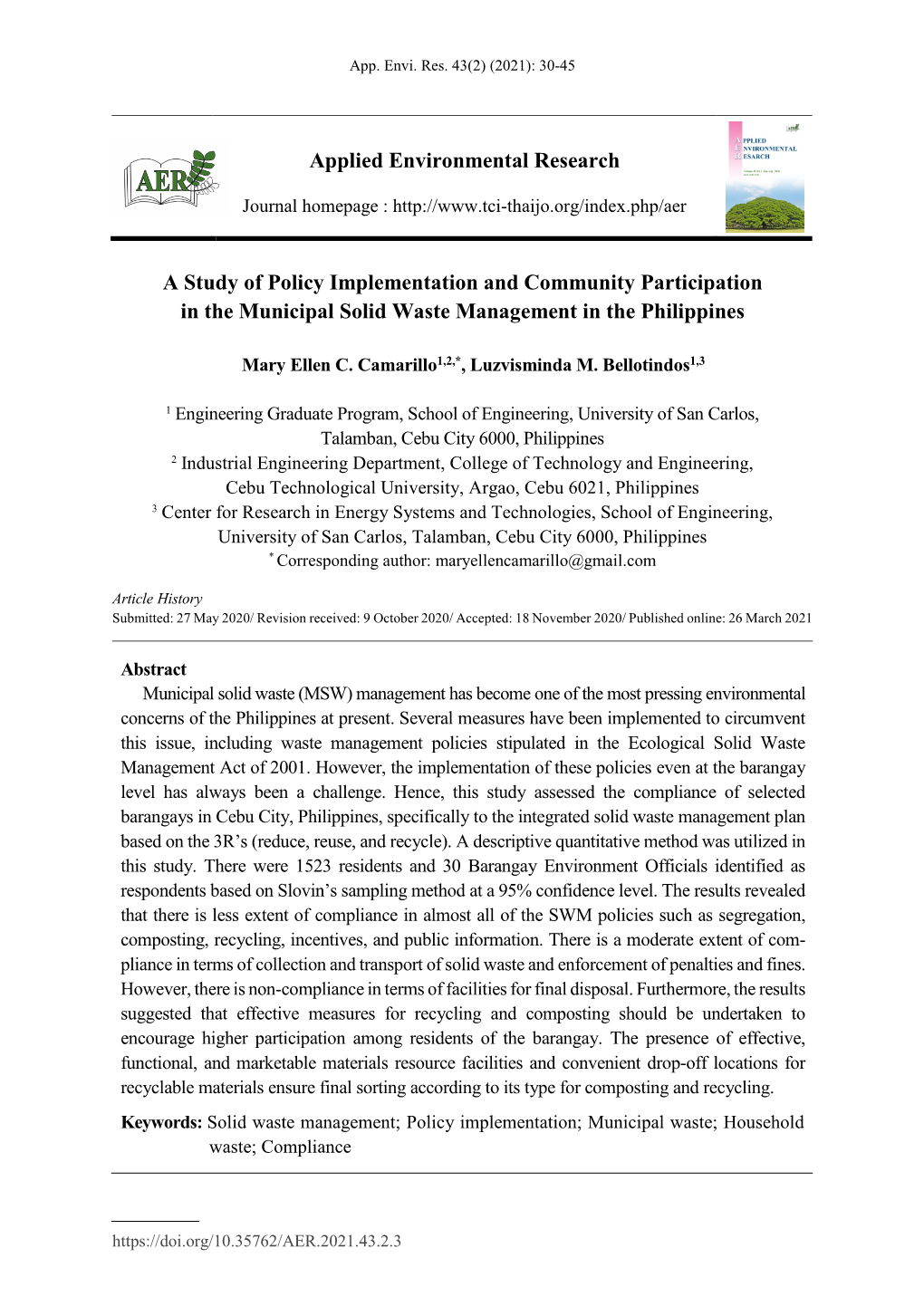 A Study of Policy Implementation and Community Participation in the Municipal Solid Waste Management in the Philippines