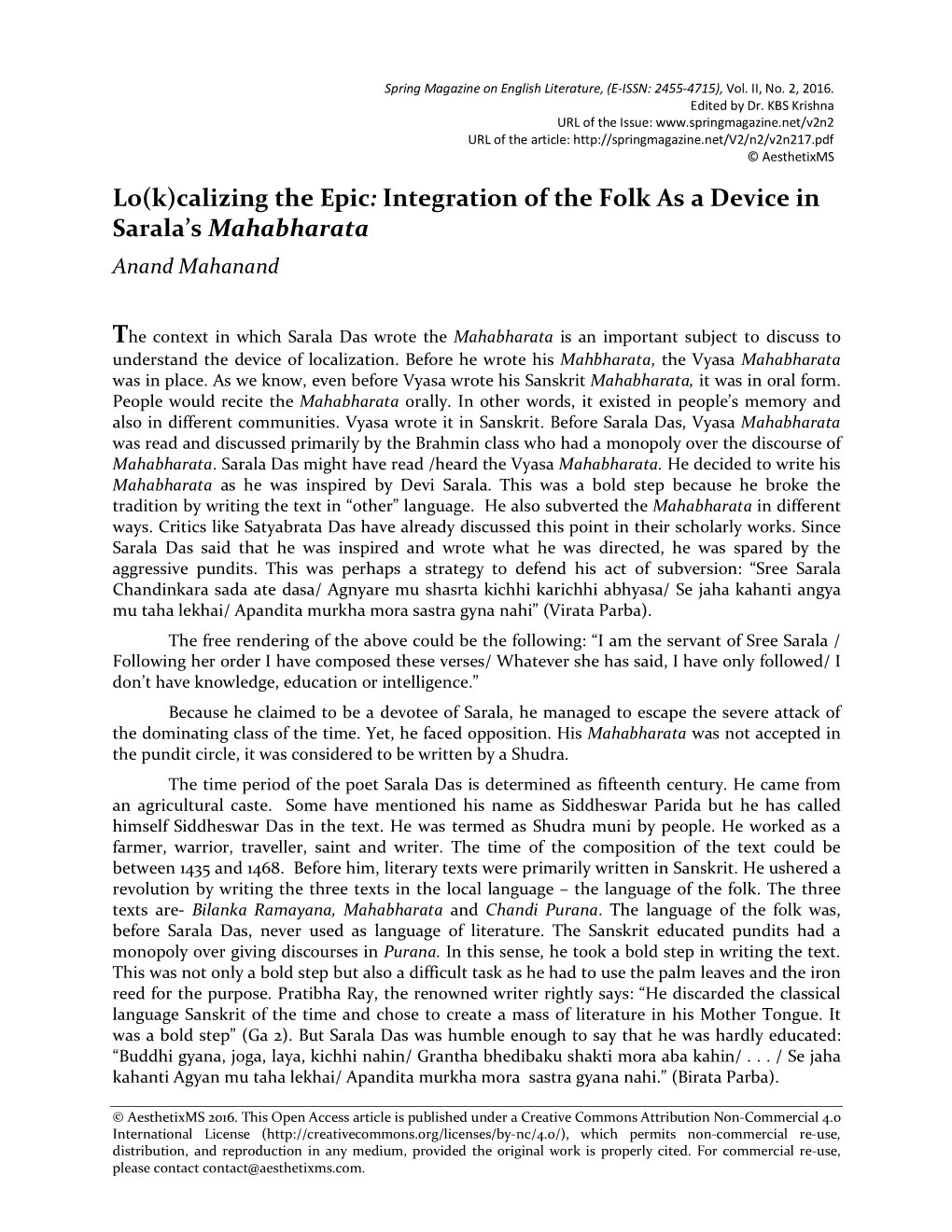 Integration of the Folk As a Device in Sarala's Mahabharata