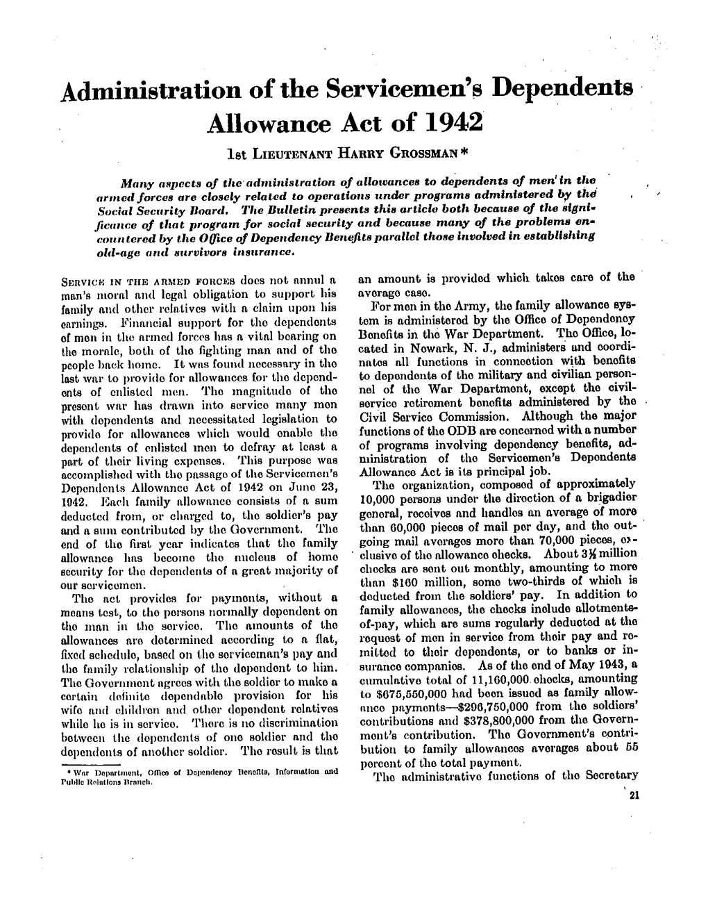 Administration of the Servicemen's Dependents Allowance Act of 1942
