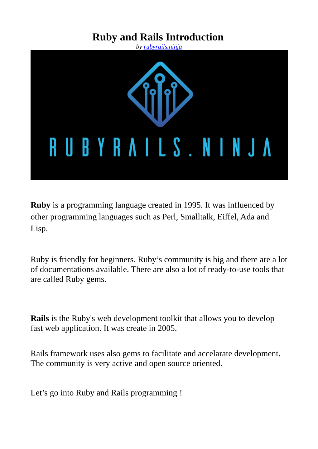 Ruby and Rails Introduction by Rubyrails.Ninja