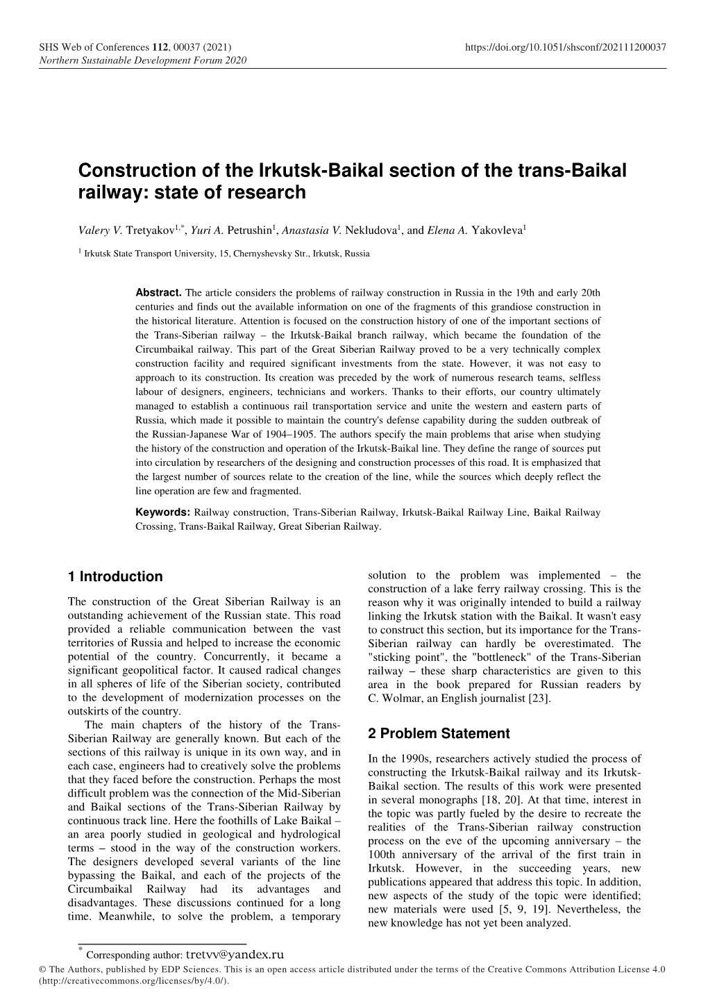 Construction of the Irkutsk-Baikal Section of the Trans-Baikal Railway: State of Research