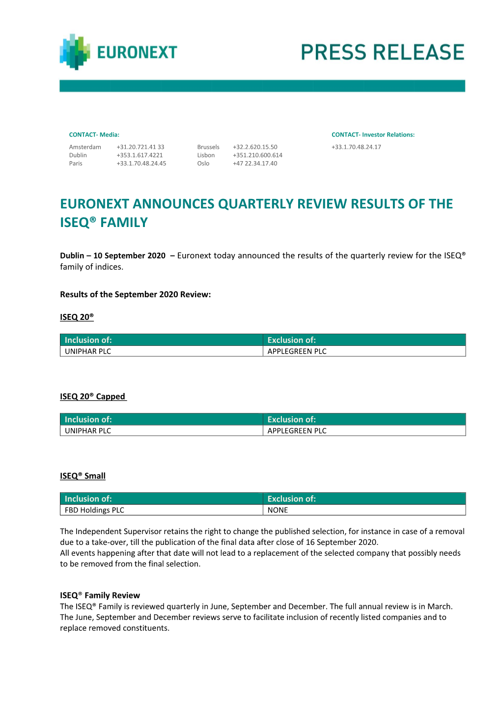 Euronext Announces Quarterly Review Results of the Iseq® Family