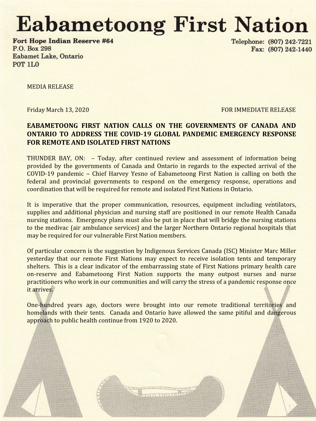 Eabametoong First Nation Calls on the Governments