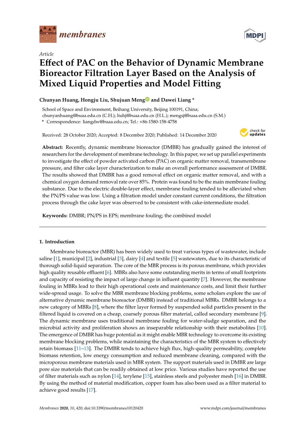 Effect of PAC on the Behavior of Dynamic Membrane Bioreactor