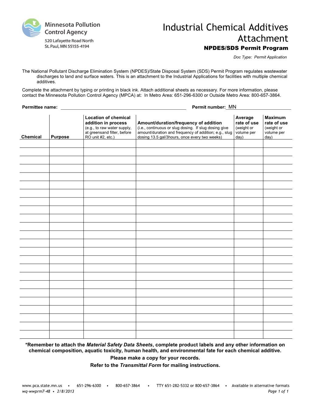 Indl Chemical Additives Attachment - Form