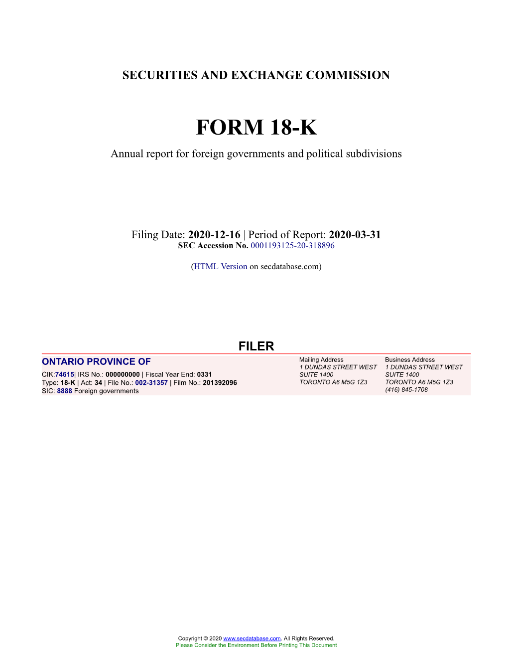 ONTARIO PROVINCE of Form 18-K Filed 2020-12-16