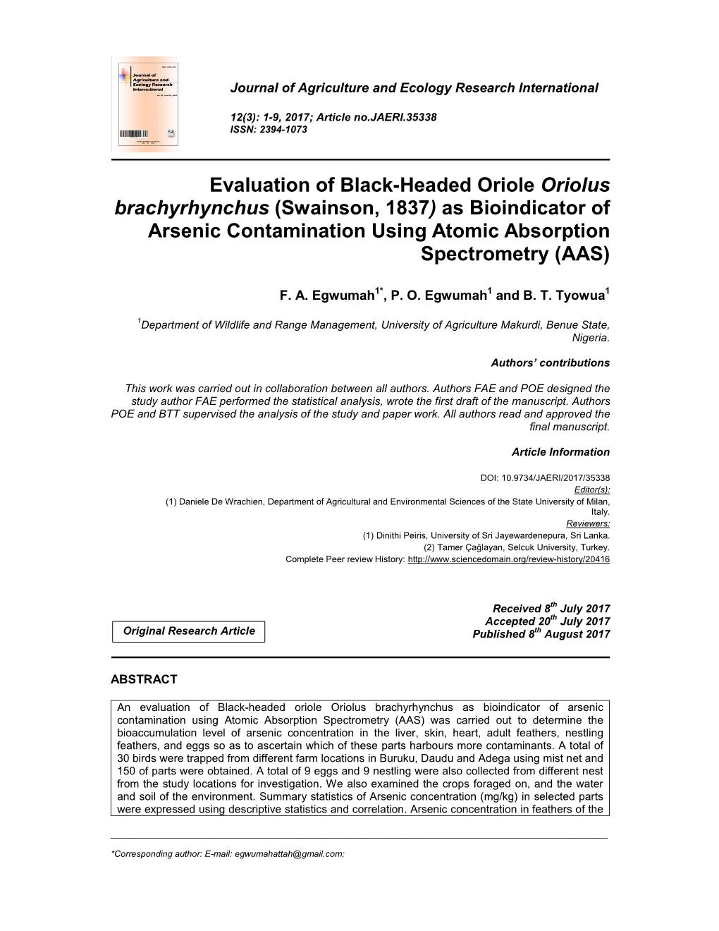 Evaluation of Black-Headed Oriole Oriolus Brachyrhynchus (Swainson, 1837) As Bioindicator of Arsenic Contamination Using Atomic Absorption Spectrometry (AAS)