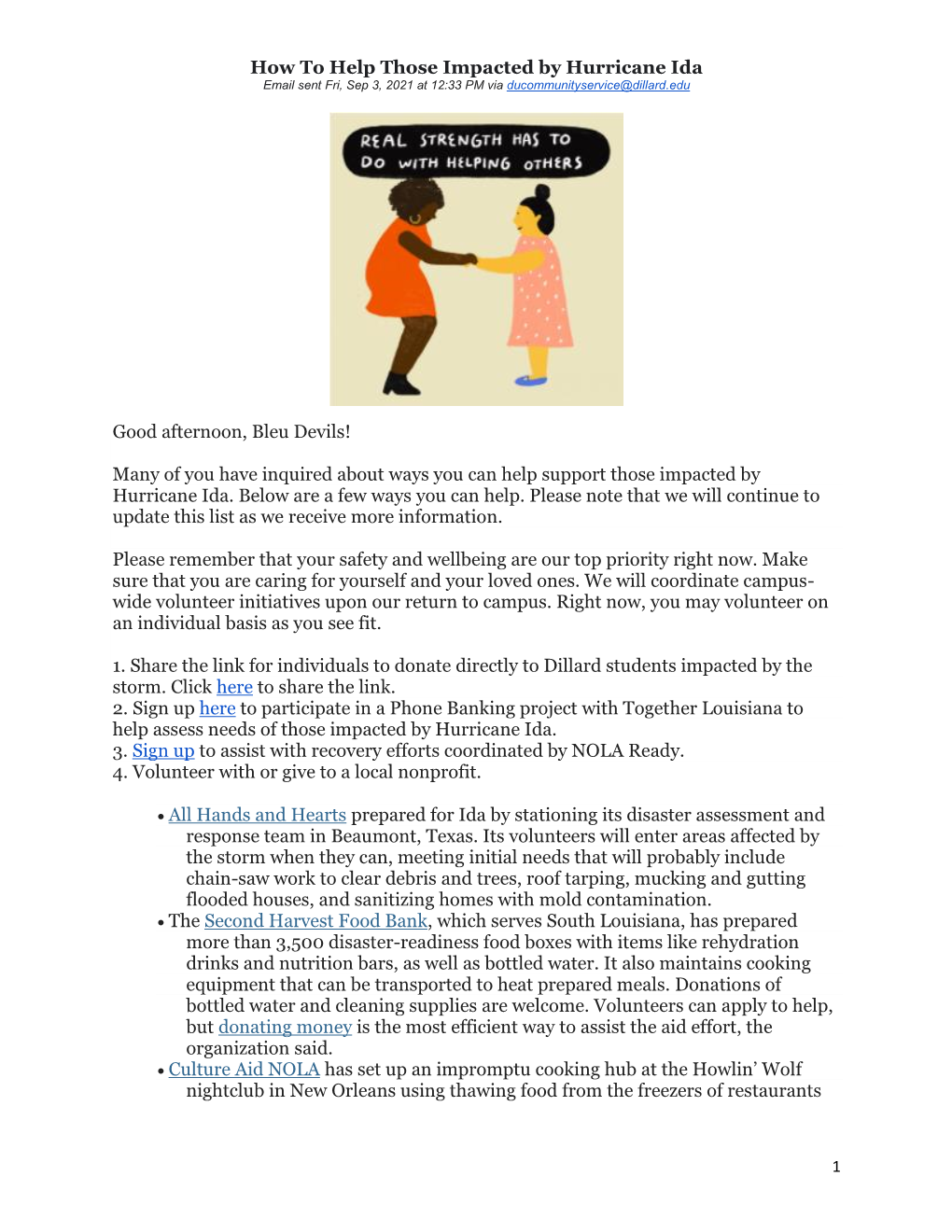 How to Help Those Impacted by Hurricane Ida Email Sent Fri, Sep 3, 2021 at 12:33 PM Via Ducommunityservice@Dillard.Edu